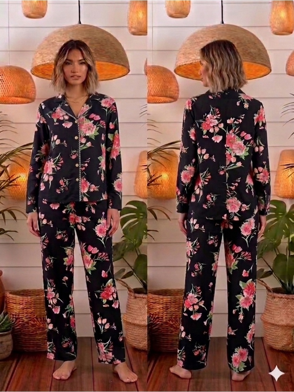 Chaps Black Pajama Set with Pink Floral Print